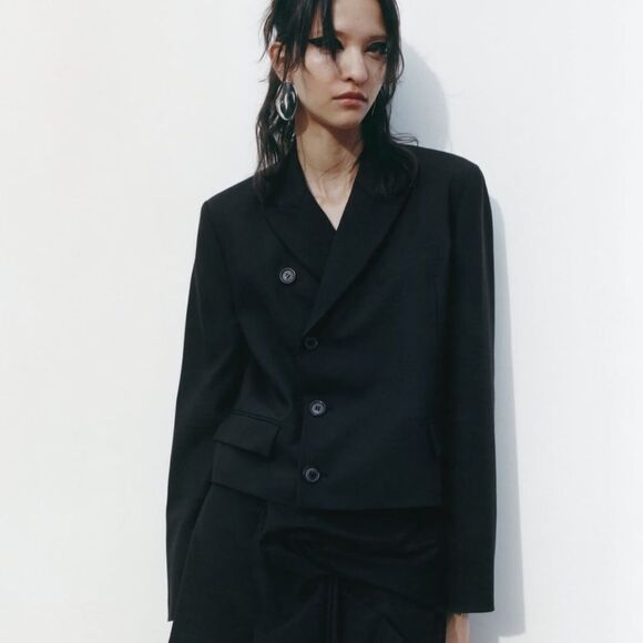 ZARA BLACK CROP WOOL BLEND BLAZER - Picture 1 of 9